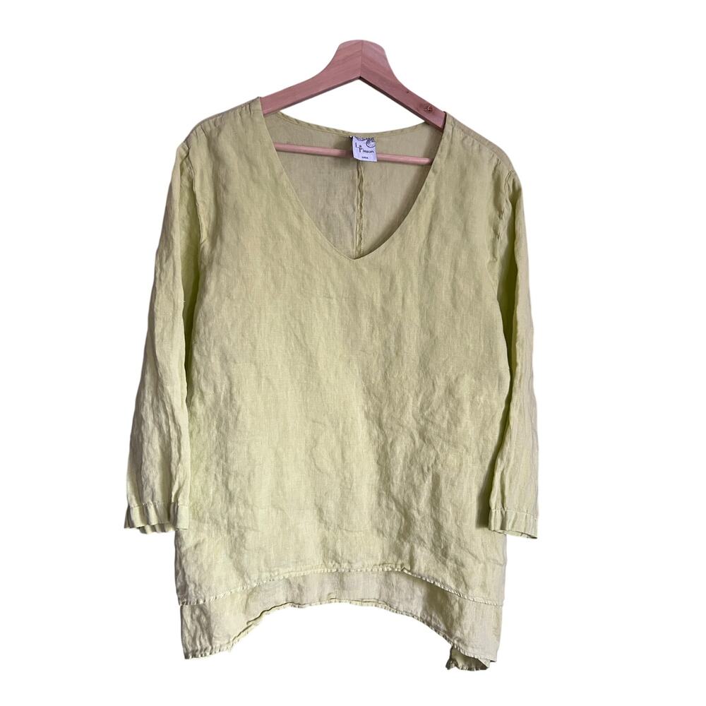 La Fixsun Size Large Yellow coastal Linen Top Shirt Asymmetrical Hem USA Made